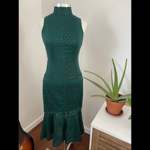 GUC Ali & Jay All the Way Up Forest Green Lace Midi Dress